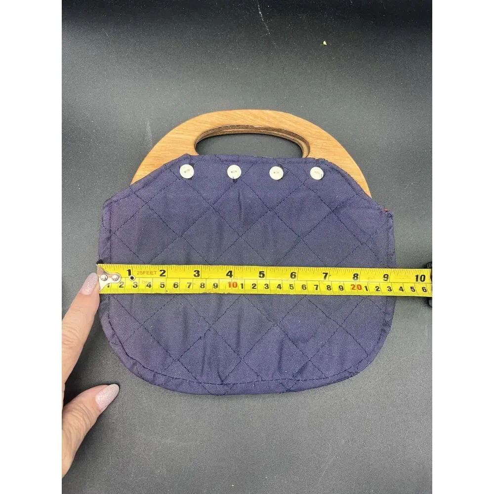 Vintage Bermuda Wooden Handle Bag Purse Blue Reversible Cover Handbag Pocketbook